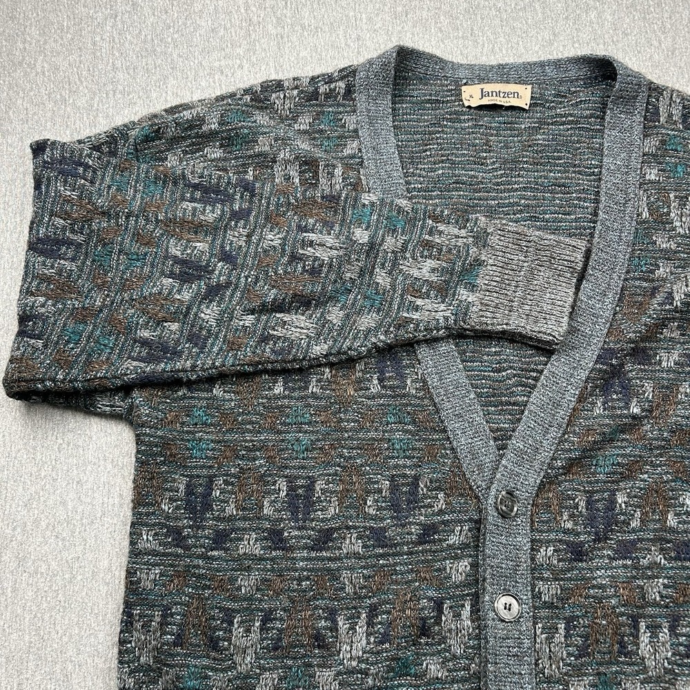 Jantzen Cardigan Sweater Mens XL‎ Abstract Pattern USA Grandpa Gray Brown Teal